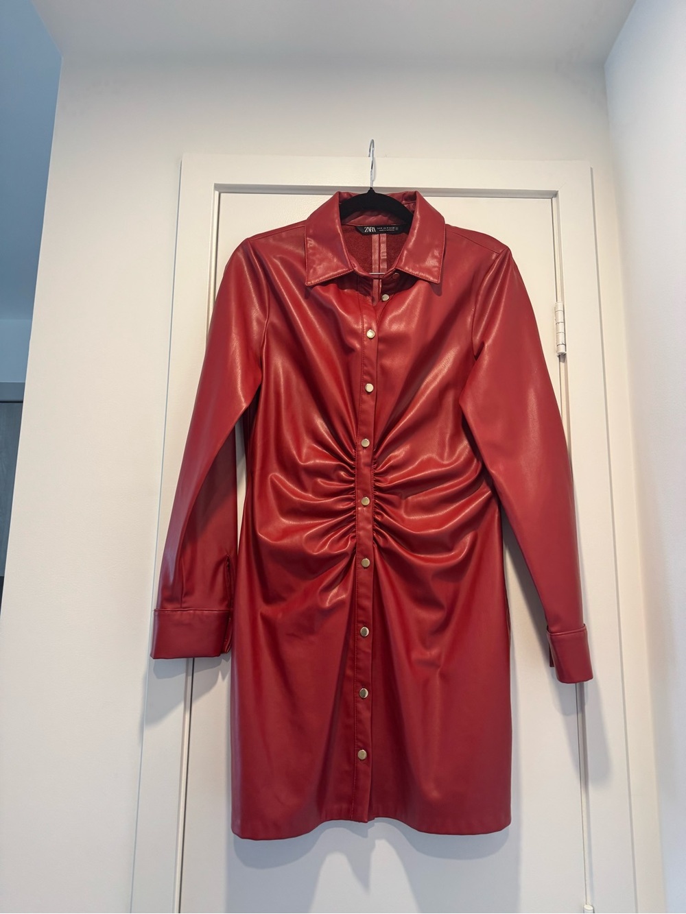 Zara Red Faux Leather Ruched Button-Front Dress